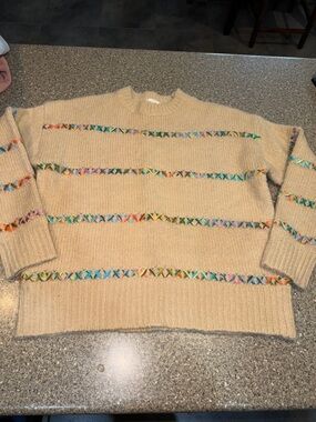 BiBi Cream Crewneck Sweater with Multicolor Embroidered Stripes